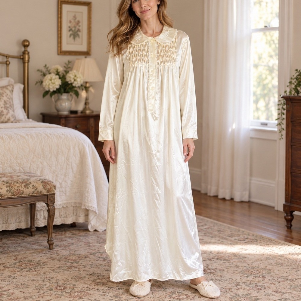 Vtg Fundamentals Ivory Satin Smocked Nightgown Embroidered Peter Pan Collar Lg